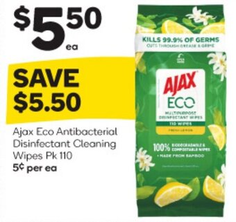Woolworths Ajax Eco Antibacterial Disinfectant Cleaning Wipes Pk 110 5¢ per ea offer