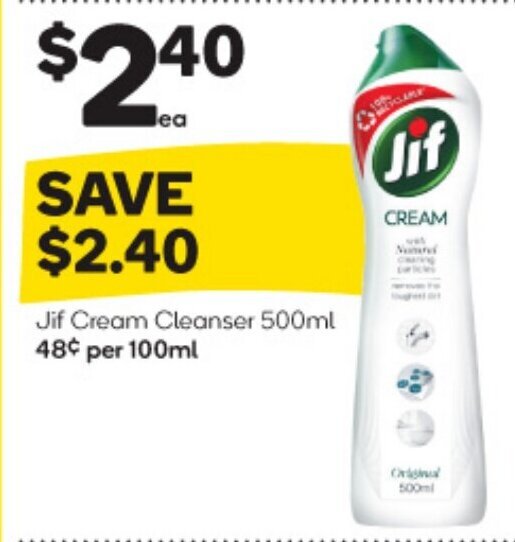 Jif Cream Cleanser 500ml 48¢ per 100ml offer at Woolworths