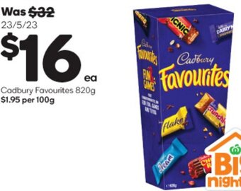 Woolworths Cadbury Favourites 820g $1.95 per 100g offer