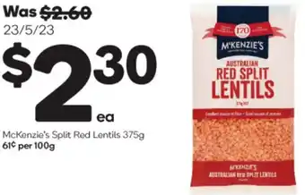 Woolworths McKenzie's Split Red Lentils 375g 61¢ per 100g offer