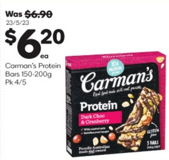 Woolworths Carman's Protein Bars 150-200g Pk 4/5 offer