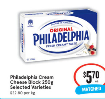 IGA Philadelphia Cream Cheese Block 250g Selected Varieties $22.80 per kg offer