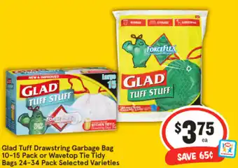 IGA Glad Tuff Drawstring Garbage Bag 10-15 Pack or Wavetop Tie Tidy Bags 24-34 Pack Selected Varieties offer