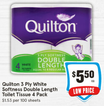 IGA Quilton 3 Ply White Softness Double Length Toilet Tissue 4 Pack offer
