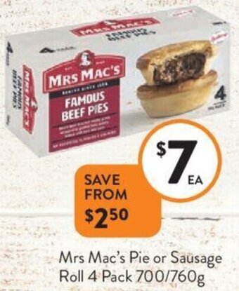 Foodworks Mrs Mac's Pie or Sausage Roll 4 Pack 700/760g offer