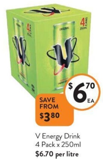 Foodworks V Energy Drink 4 Pack x 250ml offer