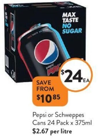 Foodworks Pepsi or Schweppes Cans 24 Pack x 375ml offer