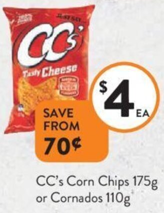 Foodworks CC's Corn Chips 175g or Cornados 110g offer