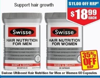 Chemist Warehouse Swisse Ultiboost Hair Nutrition for Men or Women 60 Capsules offer
