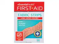 ALDI Essential Health First Aid Strips Plastic 100pk or Fabric 50pk offer