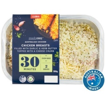 Coles Coles made easy chicken breast garlic herb butter topped with cheese crumb 500g offer