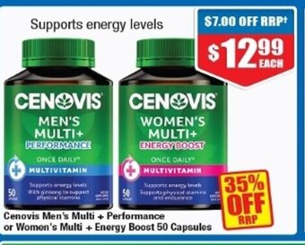 Chemist Warehouse Cenovis Men's Multi + Performance or Women's Multi + Energy Boost 50 Capsules offer