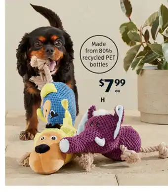 ALDI H Dog Toy Assortment Tough dog toys with built-in squeaker for added fun. Made from 80% recycled PET bottles. Assorted design offer