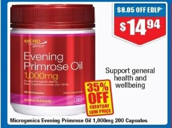 Chemist Warehouse Microgenics Evening Primrose Oil 1,000mg 200 Capsules offer