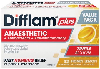 Woolworths Difflam plus anaesthetic sore throat lozenges pk 32^ offer