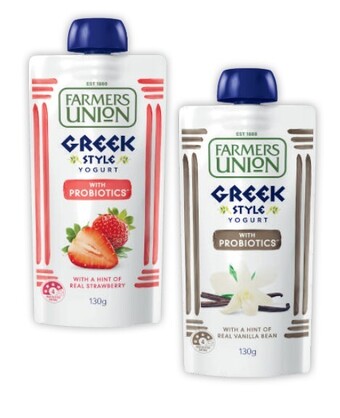 Coles Farmers union greek style yogurt pouch 130g offer