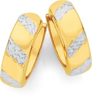 Angus & Coote 9ct gold two tone 5x12mm diamond-cut striped huggie earrings offer