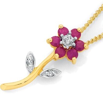 Angus & Coote 9ct gold ruby & diamond flower pendant offer