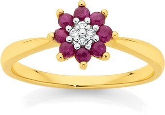 Angus & Coote 9ct gold natural ruby & diamond petite flower ring offer