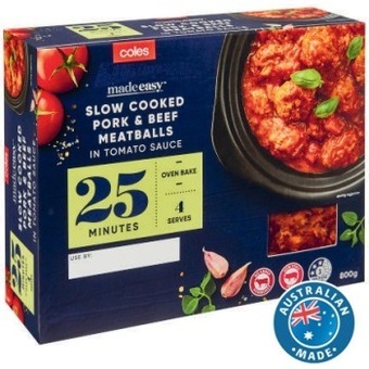 Coles Coles made easy slow cooked pork & beef meatballs in tomato sauce 800g offer