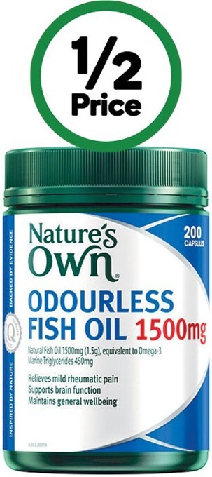 Woolworths Nature’s own fish oil odourless 1500mg with omega 3 pk 200~ offer