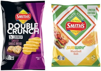 Coles Smith's crinkle cut potato chips 150g-170g, double crunch 150g or poppables 90g offer