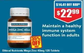 Ethical Nutrients Mega Zinc 40mg 120 Tablets