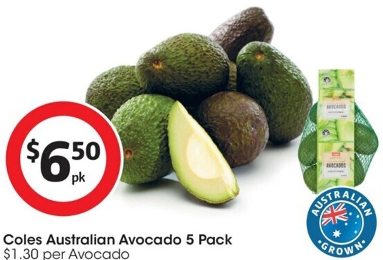Coles Australian Avocado 5 Pack 1.30 per Avocado offer at Coles