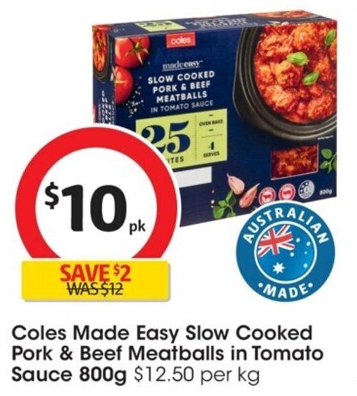 Coles Made Easy Slow Cooked Pork & Beef Meatballs in Tomato Sauce 800g