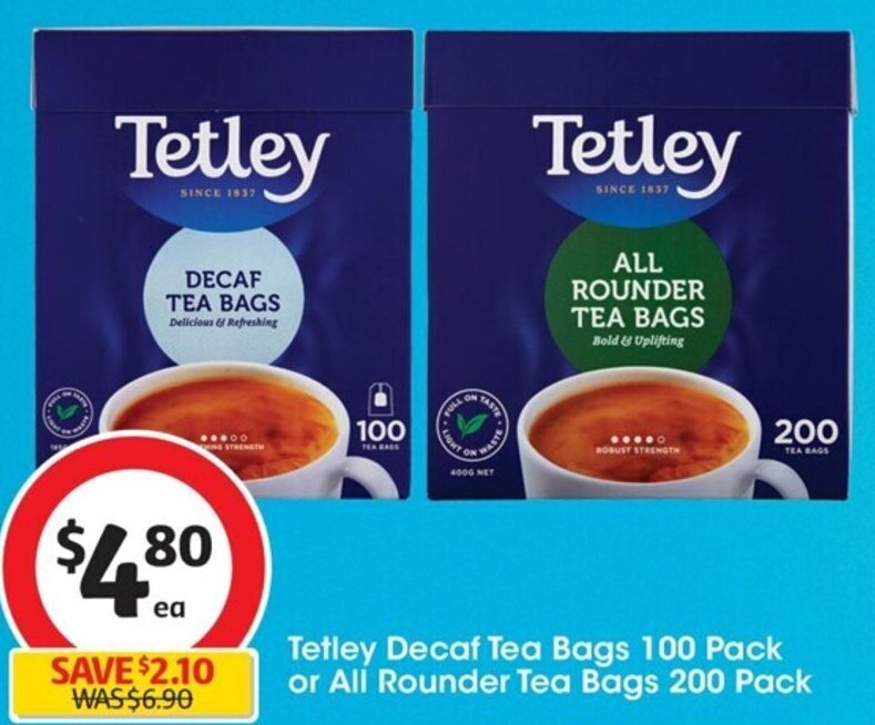 Tetley Decaf Tea Bags 100 Pack or All Rounder Tea Bags 200 Pack offer