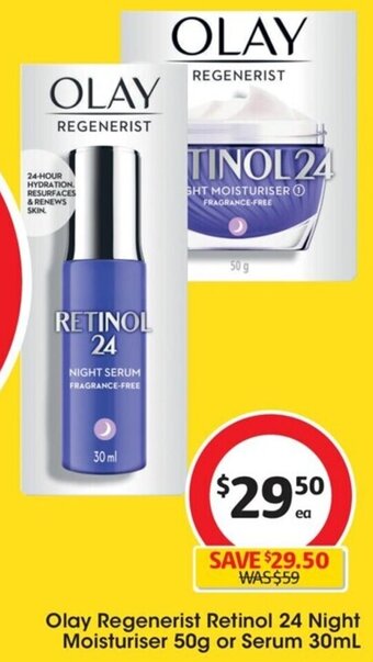 Coles Olay Regenerist Retinol 24 Night Moisturiser 50g or Serum 30mL offer