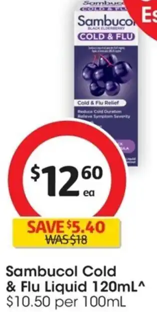 Coles Sambucol Cold & Flu Liquid 120mL^ $10.50 per 100mL offer