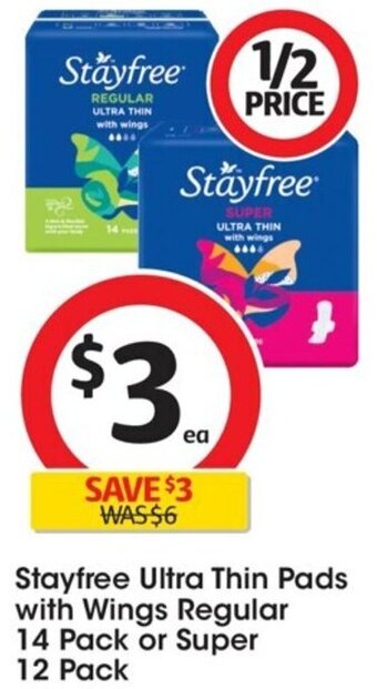 Coles Stayfree Ultra Thin Pads with Wings Regular 14 Pack or Super 12 Pack offer