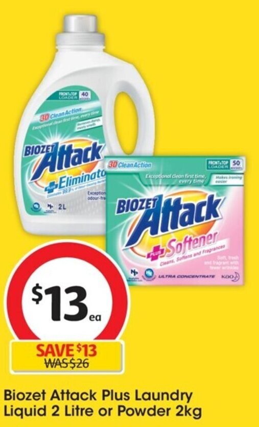 Biozet Attack Plus Laundry Liquid 2 Litre or Powder 2kg offer at Coles