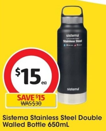 Coles Sistema Stainless Steel Double Walled Bottle 650mL offer