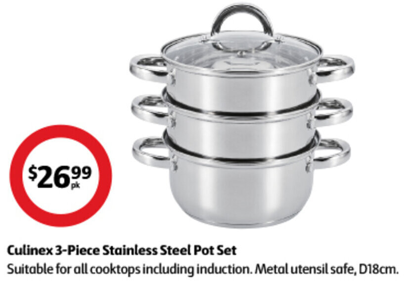Culinex 3Piece Stainless Steel Pot Set offer at Coles