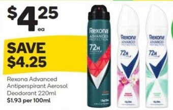 Woolworths Rexona Advanced Antiperspirant Aerosol Deodorant 220ml $1.93 per 100ml offer