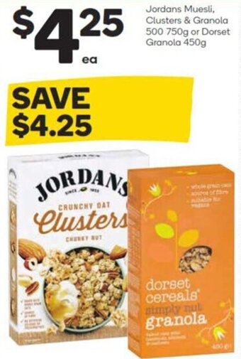 Woolworths Jordans Muesli, Clusters & Granola 500 750g or Dorset Granola 450g offer