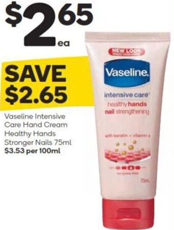 Woolworths Vaseline Intensive Care Hand Cream Healthy Hands Stronger Nails 75ml $3.53 per 100ml offer