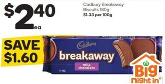 Woolworths Cadbury Breakaway Biscuits 180g $1.33 per 100g offer