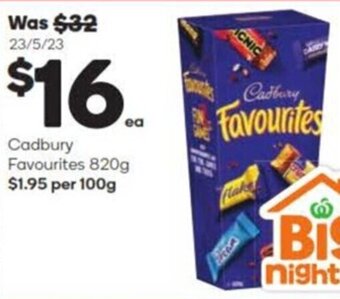 Woolworths Cadbury Favourites 820g $1.95 per 100g offer