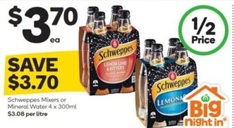 Woolworths Schweppes Mixers or Mineral Water 4 x 300ml $3.08 per litre offer