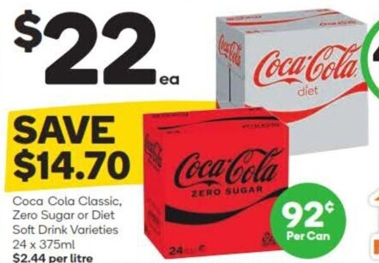 Coca Cola Classic, Zero Sugar or Diet Soft Drink Varieties 24 x 375ml ...