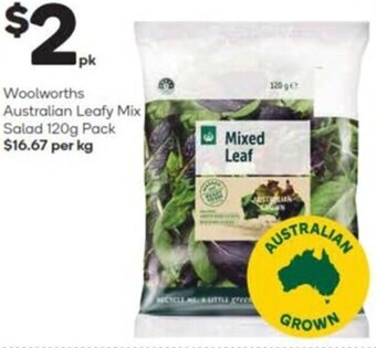 Woolworths Woolworths Australian Leafy Mix Salad 120g Pack $16.67 per kg offer