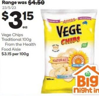 Woolworths Vege Chips Traditional 100g From the Health Food Aisle $3.15 per 100g offer
