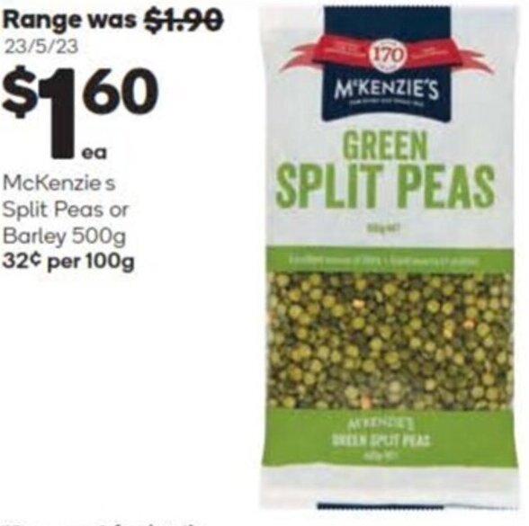 McKenzies Split Peas or Barley 500g 32¢ per 100g offer at Woolworths