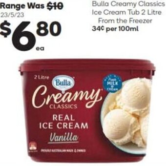 Bulla Creamy Classics Ice Cream Tub 2 Litre From the Freezer 34¢ per 100ml