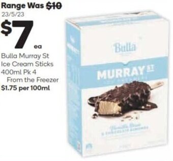 Woolworths Bulla Murray St Ice Cream Sticks 400ml Pk 4 offer