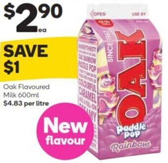 Woolworths Oak Flavoured Milk 600ml $4.83 per litre offer