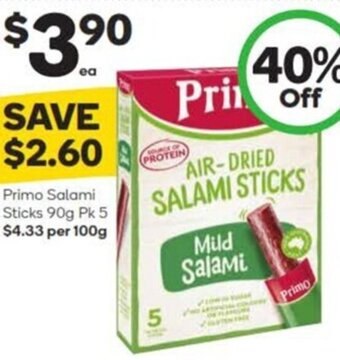 Woolworths Primo Salami Sticks 90g Pk 5 $4.33 per 100g offer